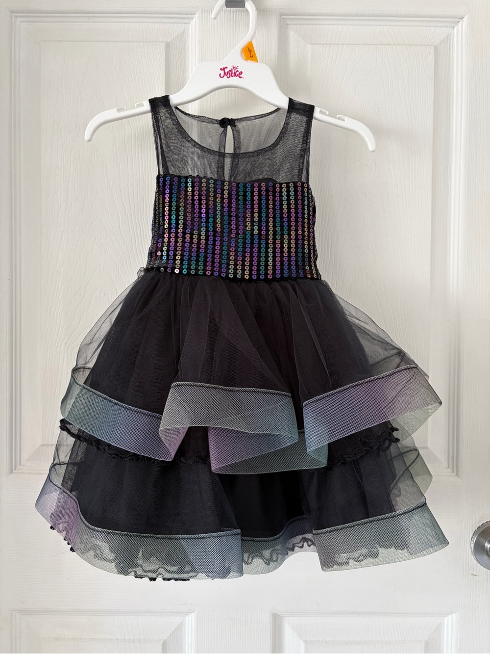 Bonnie Jean Black Layered Tulle Dress with Iridescent Sequin Bodice